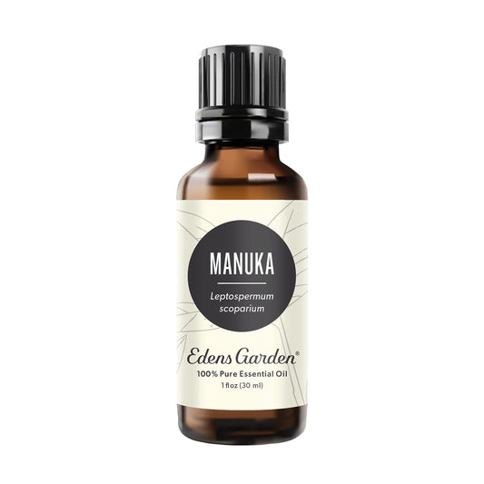 Edens Garden Manuka oil bottle label ideal for diffuser use and skincare.