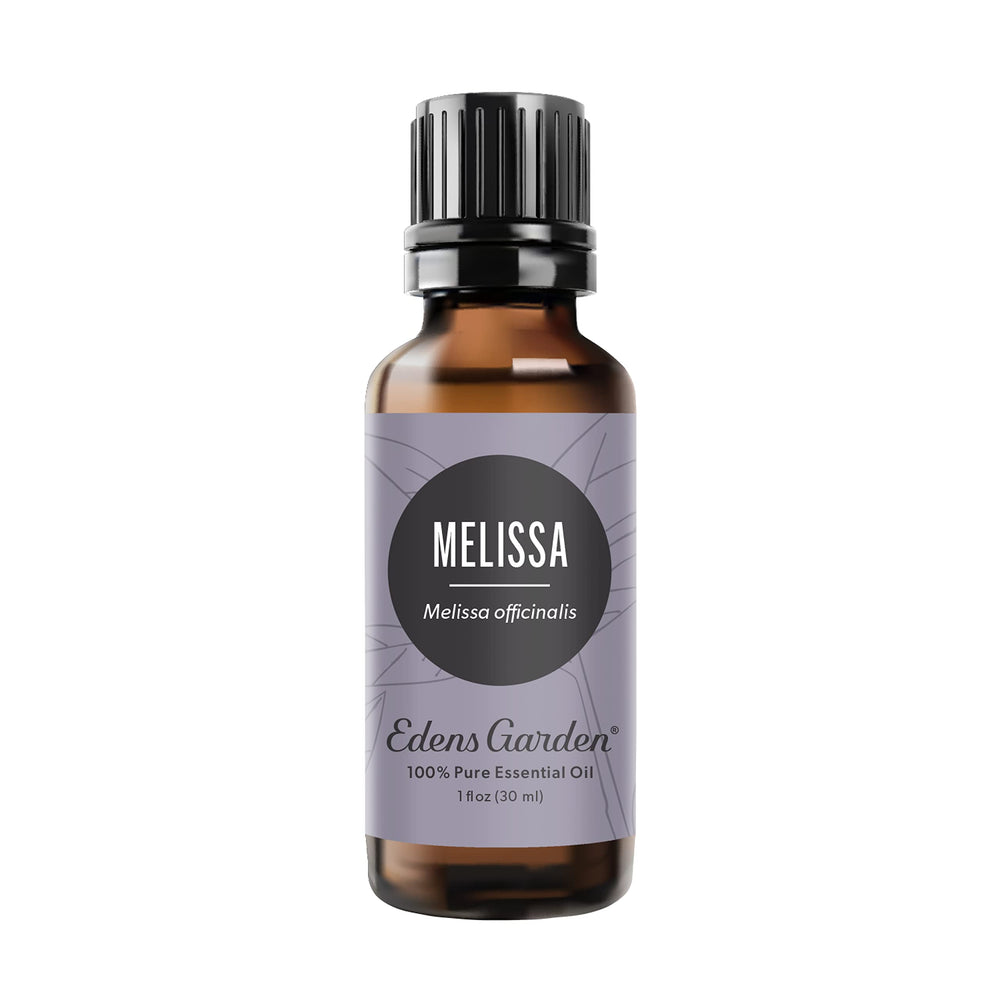Edens Garden Melissa essential oil bottle showcases pure citrusy aroma for calming moments.