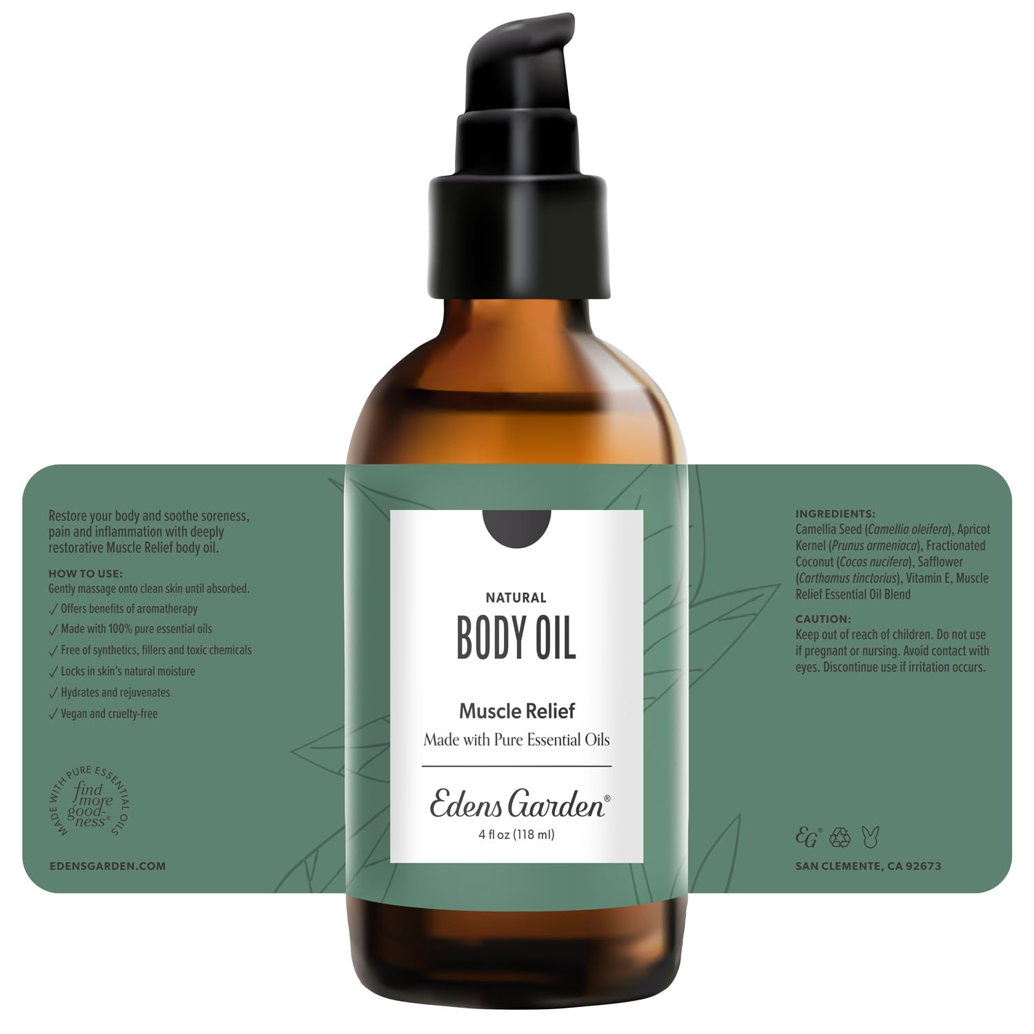 Edens Garden Muscle Relief vegan cruelty-free badge underscores ethical, plant-based care.