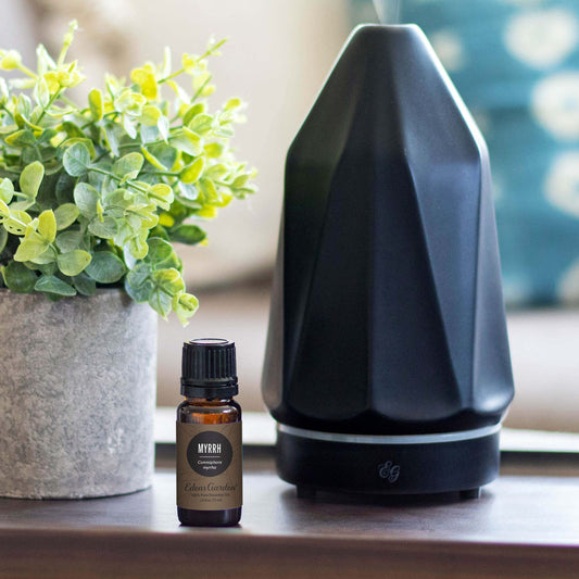 Edens Garden Myrrh oil dropper closeup highlights purity and natural aroma.