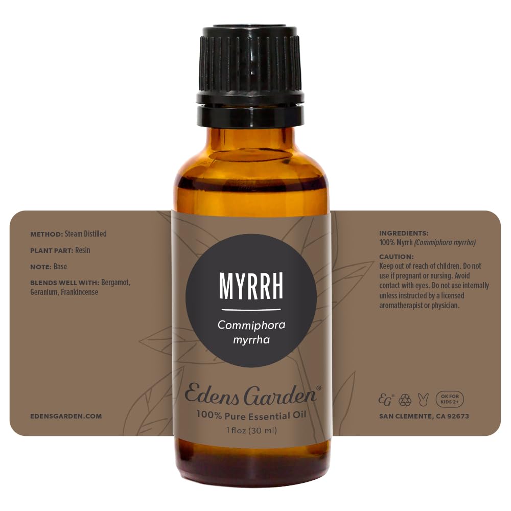 Edens Garden Myrrh oil applied to skin suggests a gentle treatment ritual.