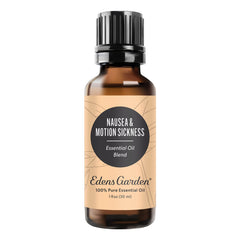 Edens Garden nausea & motion blend bottle front for portable calming aroma.