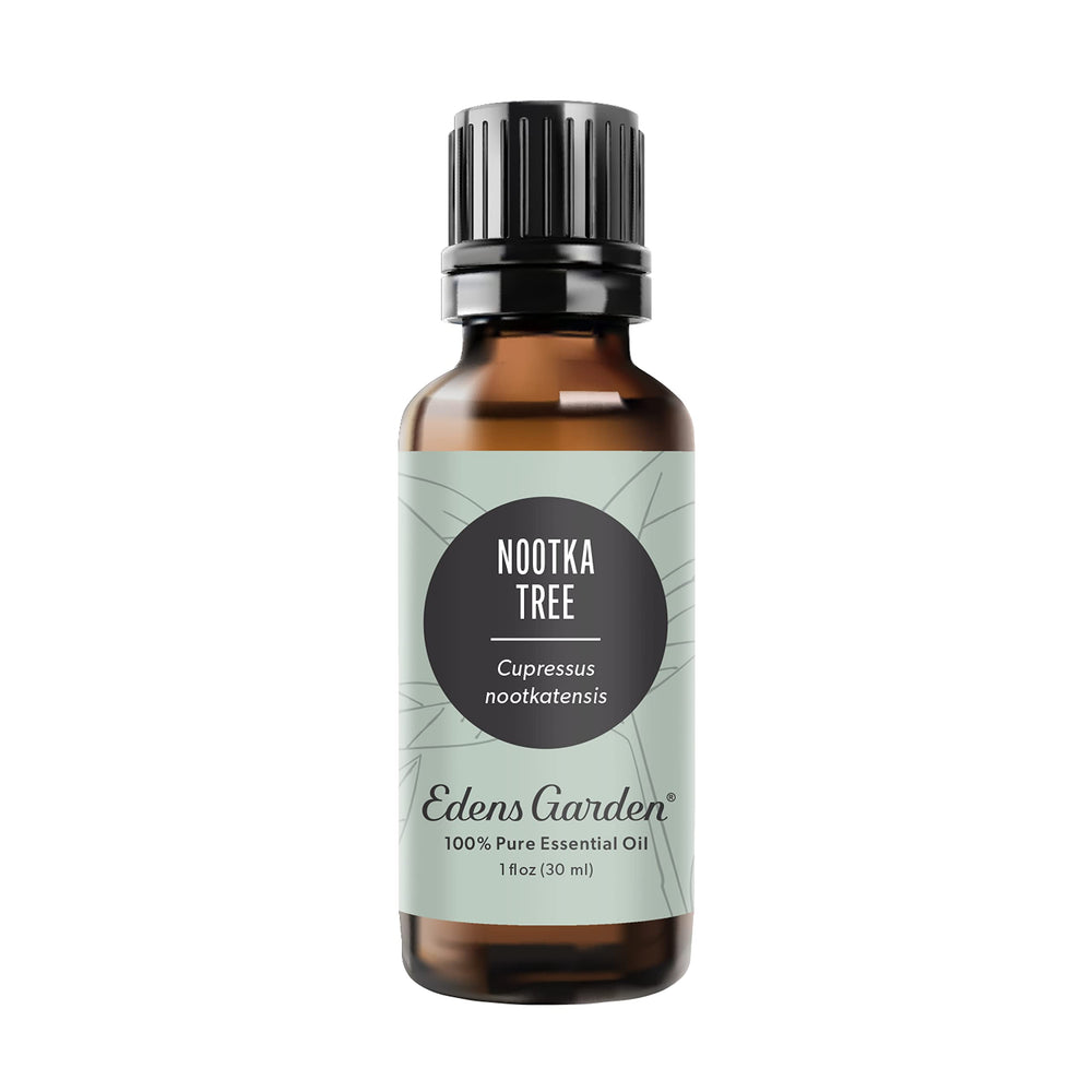 Edens Garden Nootka Tree oil bottle; rich woodsy aroma ideal for grounding spaces.