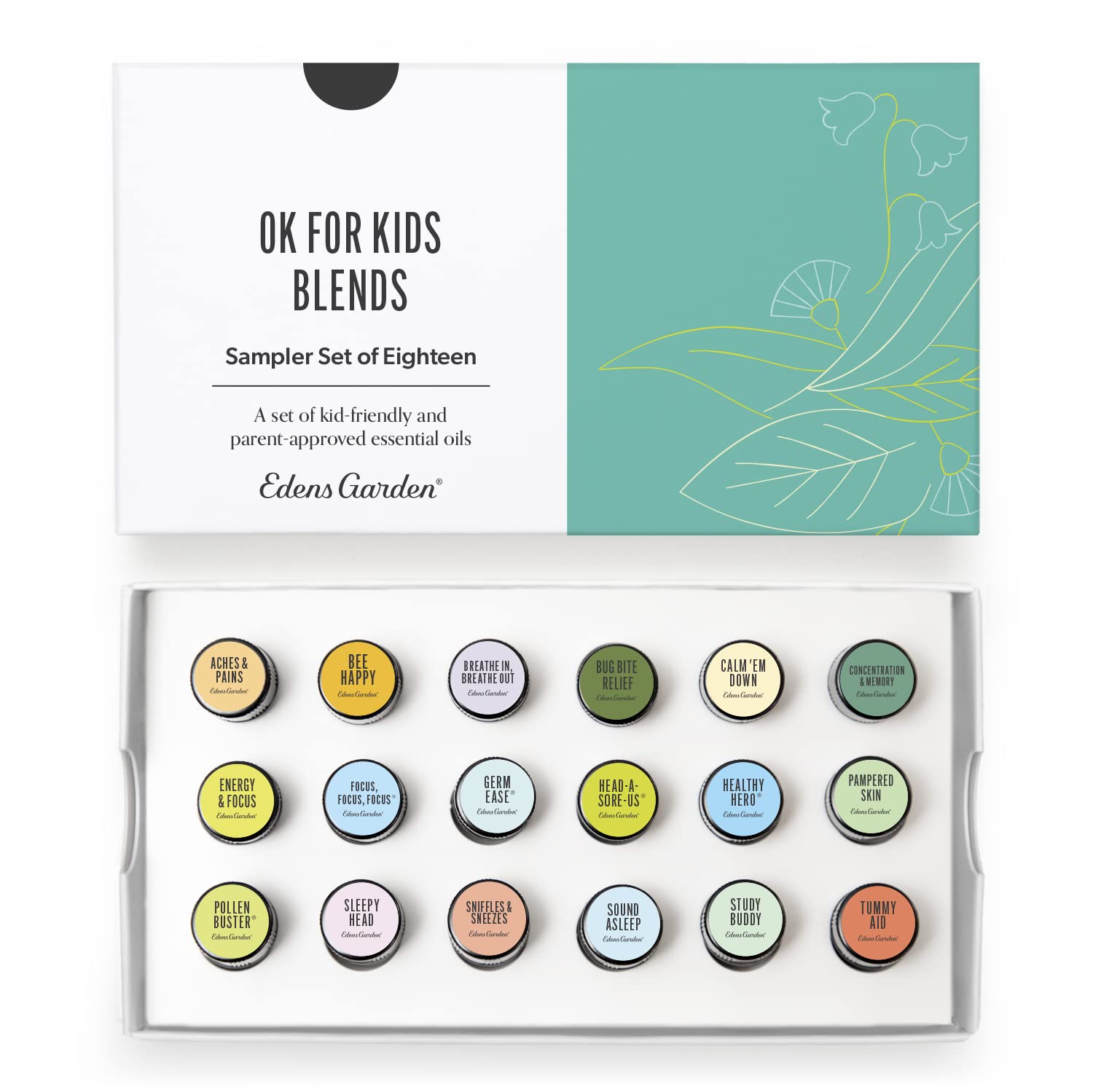 Edens Garden OK For Kids Sampler box front showing family-friendly packaging for gentle aromatherapy.
