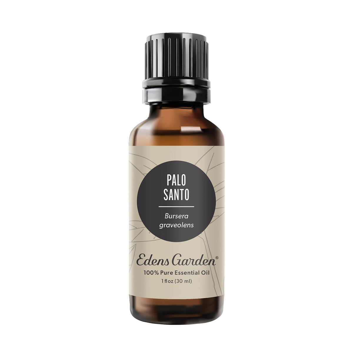 Edens Garden Palo Santo essential oil bottle close-up for calming aromatherapy.