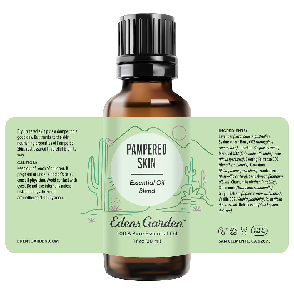 Edens Garden Pampered Skin 30ml bottle showcases compact premium oil