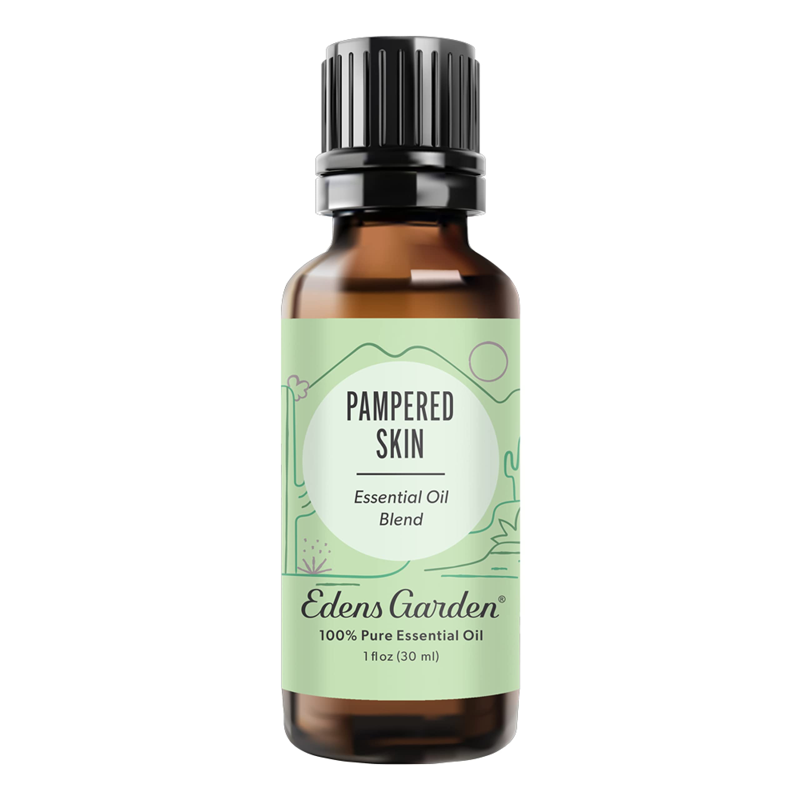 Edens Garden Pampered Skin bottle closeup for calming skincare rituals