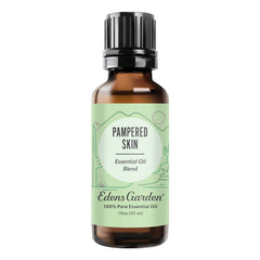 Edens Garden Pampered Skin bottle closeup for calming skincare rituals
