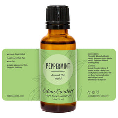 Close up of peppermint leaves and bottle highlights aroma