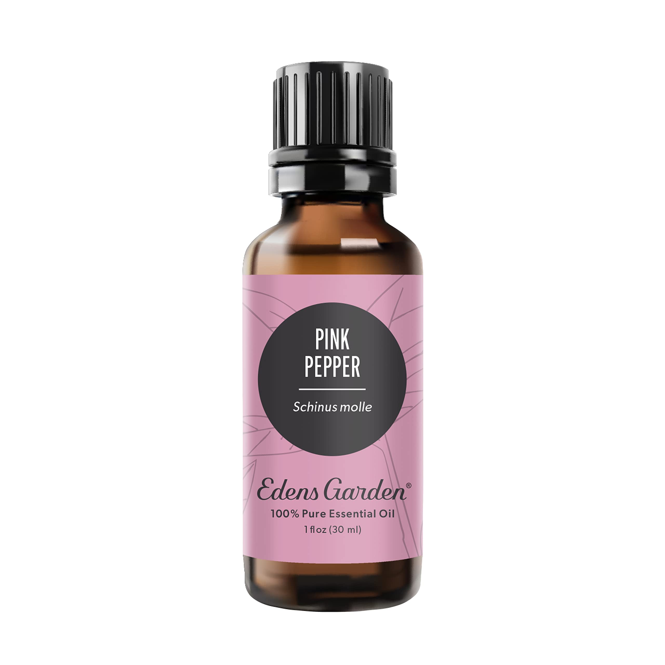 Edens Garden Pink Pepper essential oil bottle on wood, diffusion-ready aroma