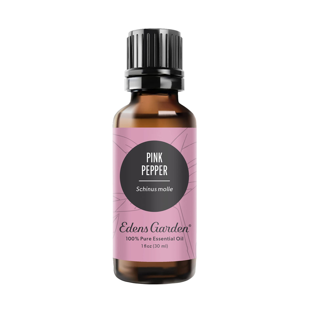 Edens Garden Pink Pepper essential oil bottle on wood, diffusion-ready aroma