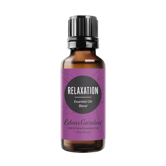 Edens Garden Relaxation bottle closeup, showcasing pure essential oil for calm ambience.