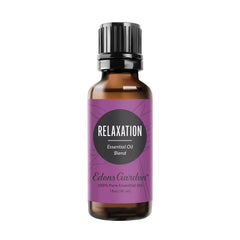 Edens Garden Relaxation bottle closeup, showcasing pure essential oil for calm ambience.