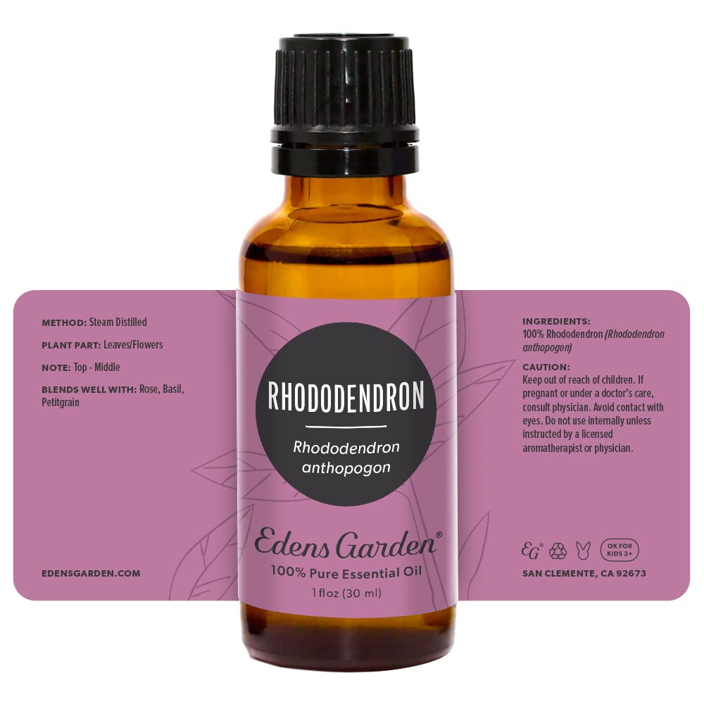 Edens Garden Rhododendron oil packaging box emphasizes accessibility and value.