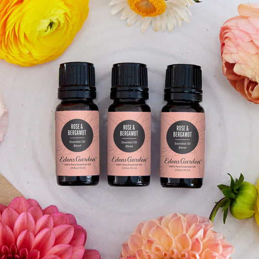 Edens Garden Rose Bergamot oil label closeup shows pure ingredients.