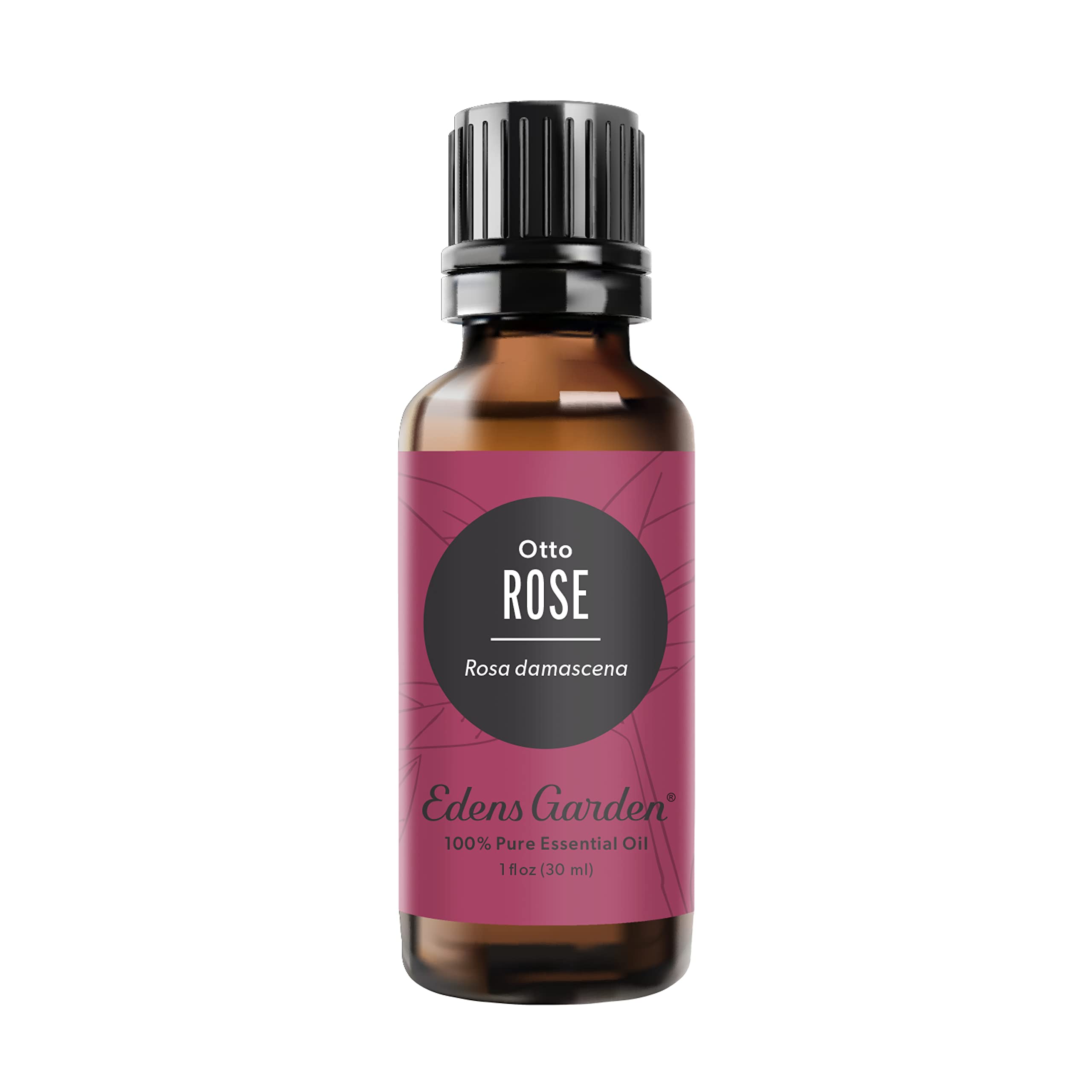 Edens Garden Rose Otto essential oil bottle closeup for premium skincare routines.