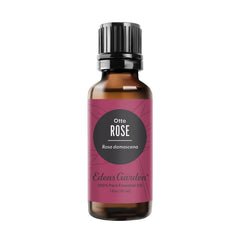 Edens Garden Rose Otto essential oil bottle closeup for premium skincare routines.