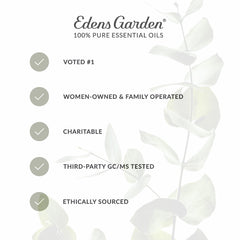 Edens Garden packaging and label emphasizing affordable premium quality essential oils.