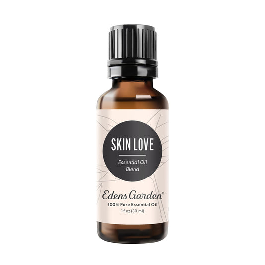 Edens Garden Skin Love bottle pour shows aromatherapy potential for calming skincare rituals.