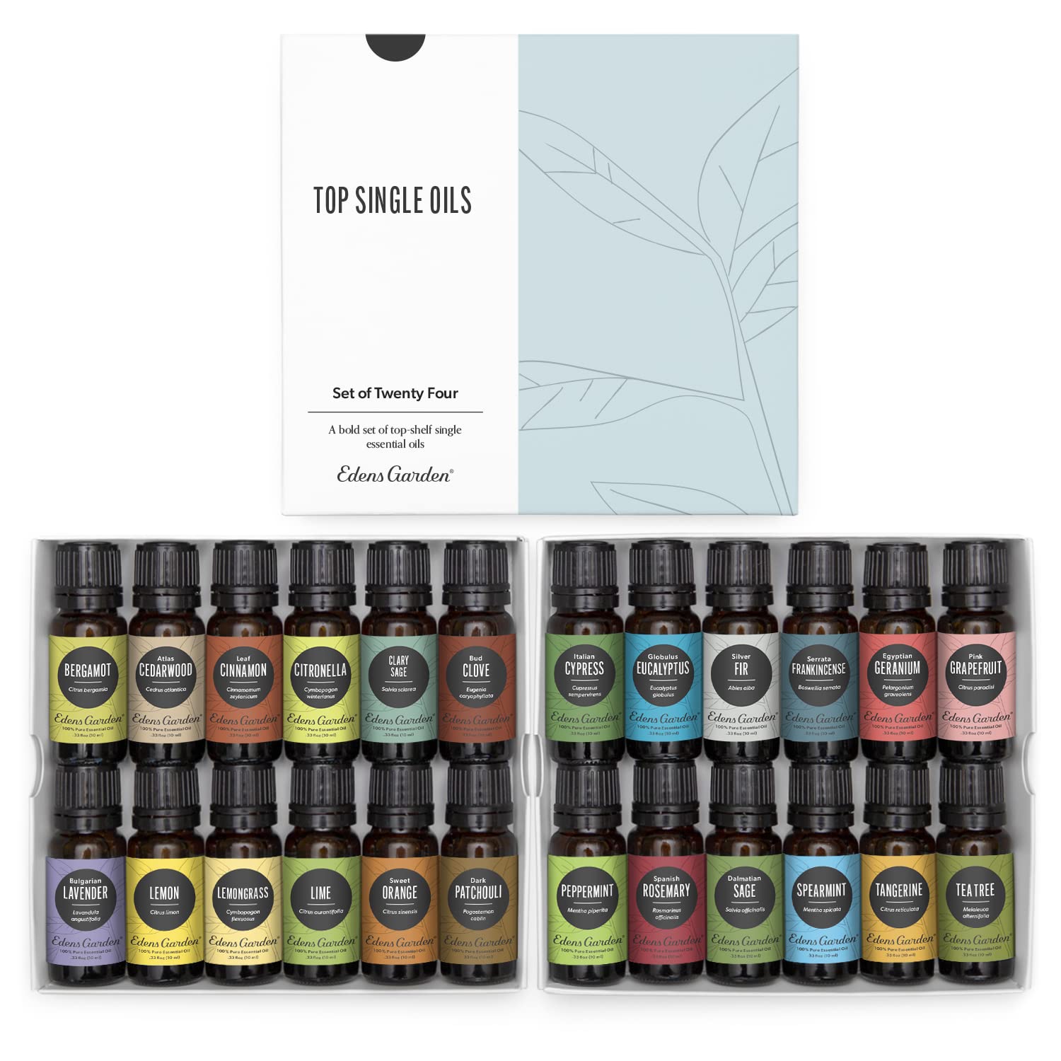 Edens Garden Top 24 set bottles closeup for diffusion and topical use