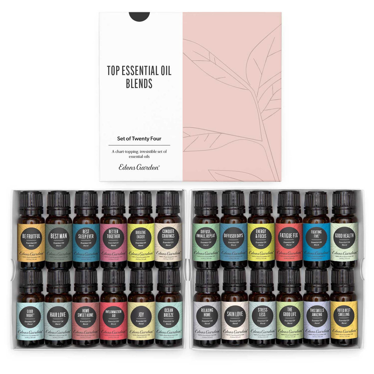 Edens Garden top blends 24-bottle set beside diffuser for calming aromatherapy.