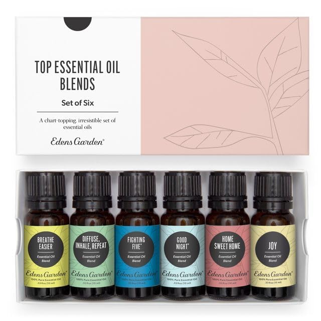 Edens Garden top oil blends collection bottles arranged for daily diffusing