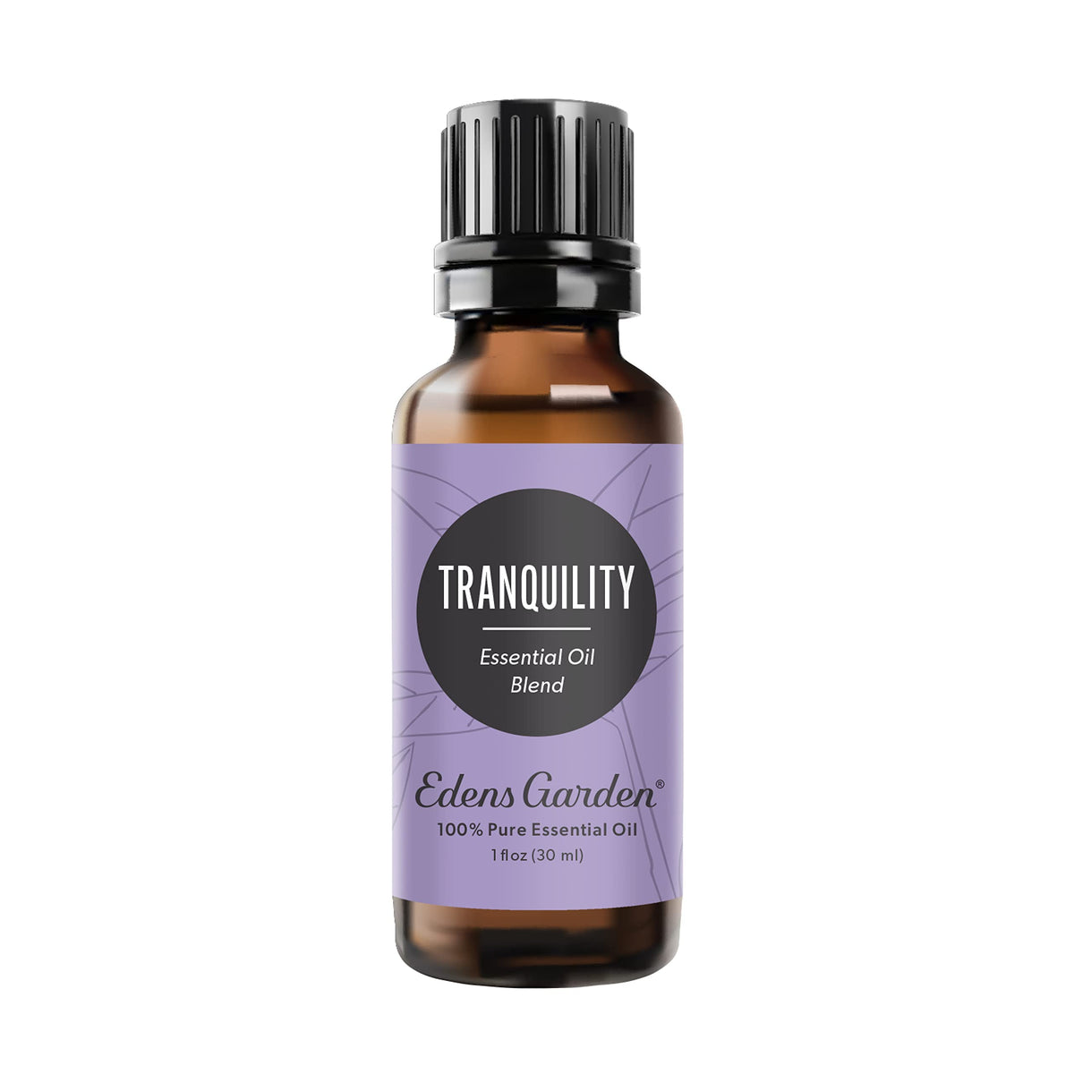 Edens Garden Tranquility bottle label highlighting premium essential oil for calming ambiance