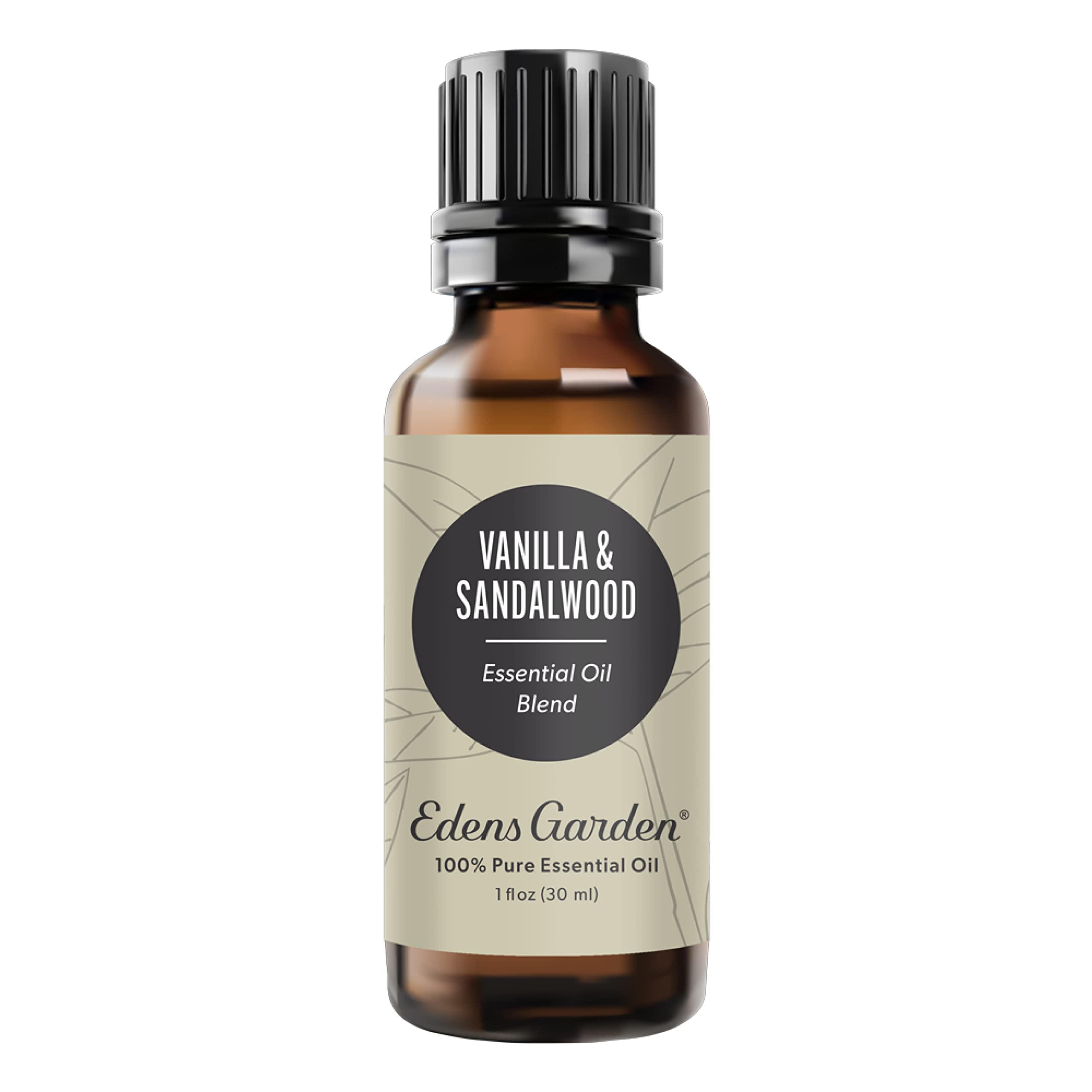 Edens Garden Vanilla Sandalwood bottle close-up for premium aromatherapy