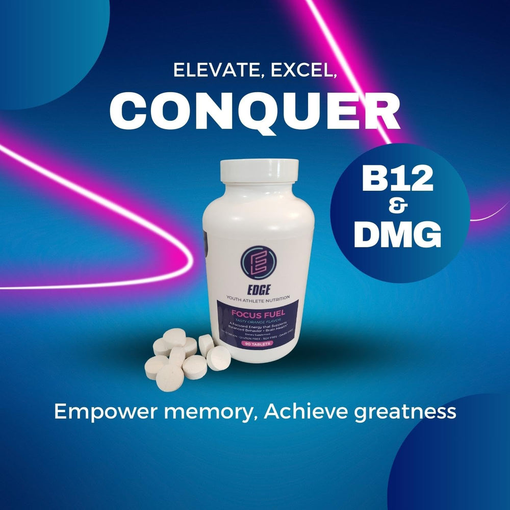 Edge Youth Focus Fuel B12 DMG blend graphic hints memory recall and cognitive stamina.