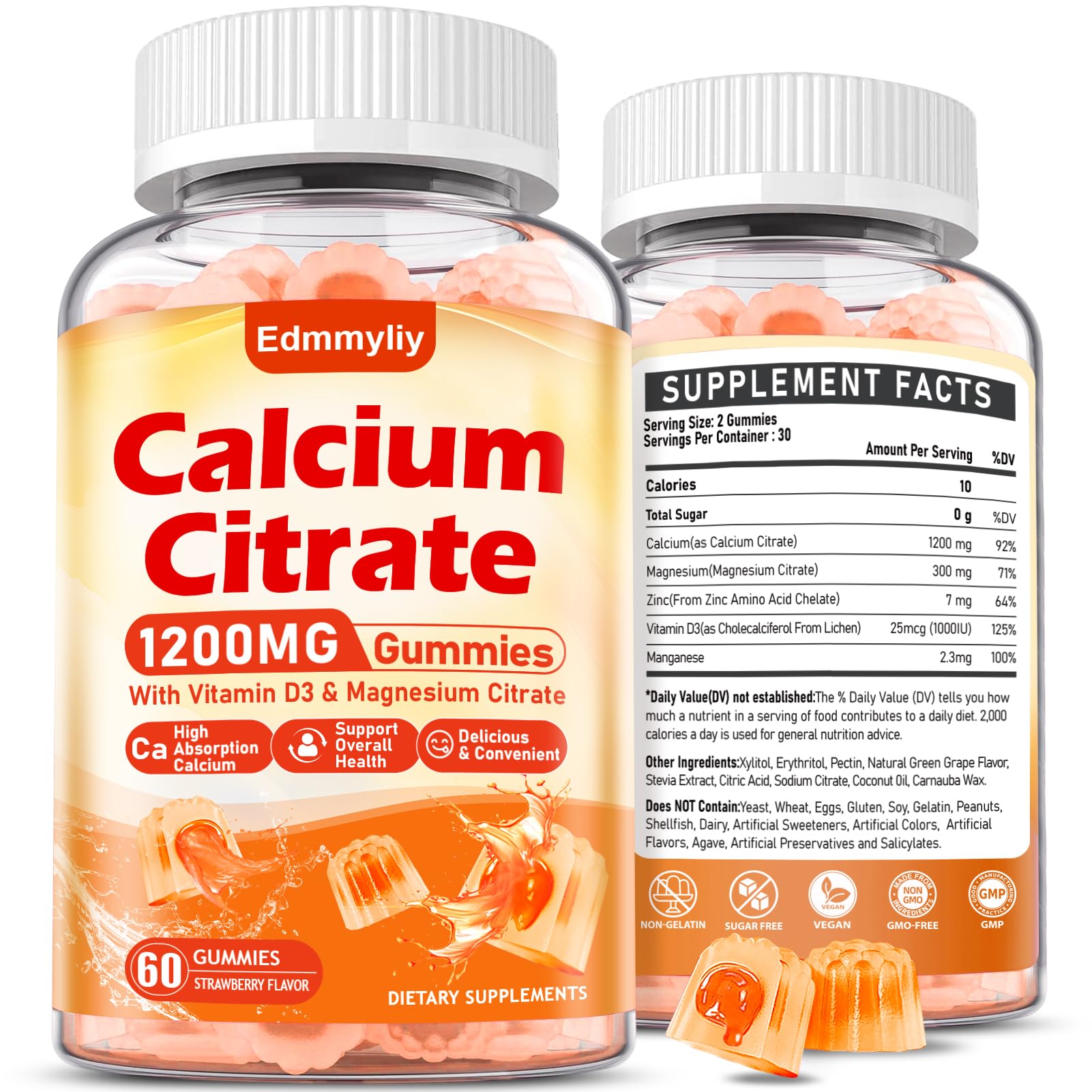 Edmmyliy Calcium Citrate Gummies jar closeup for a sugar-free daily calcium boost.