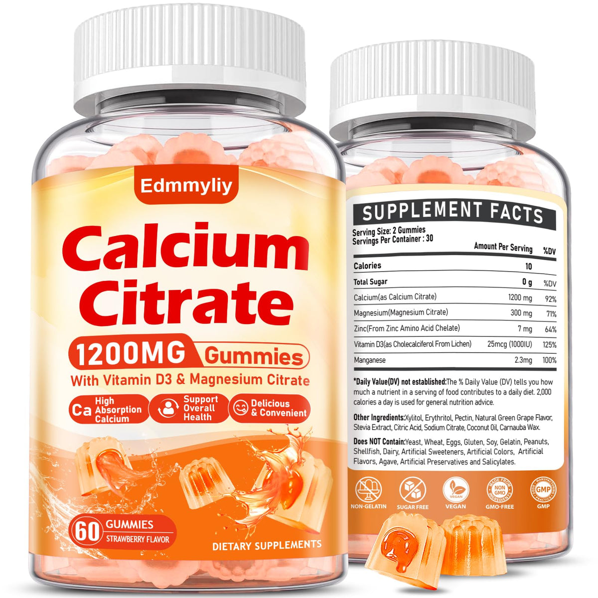 Edmmyliy Calcium Citrate Gummies jar closeup for a sugar-free daily calcium boost.