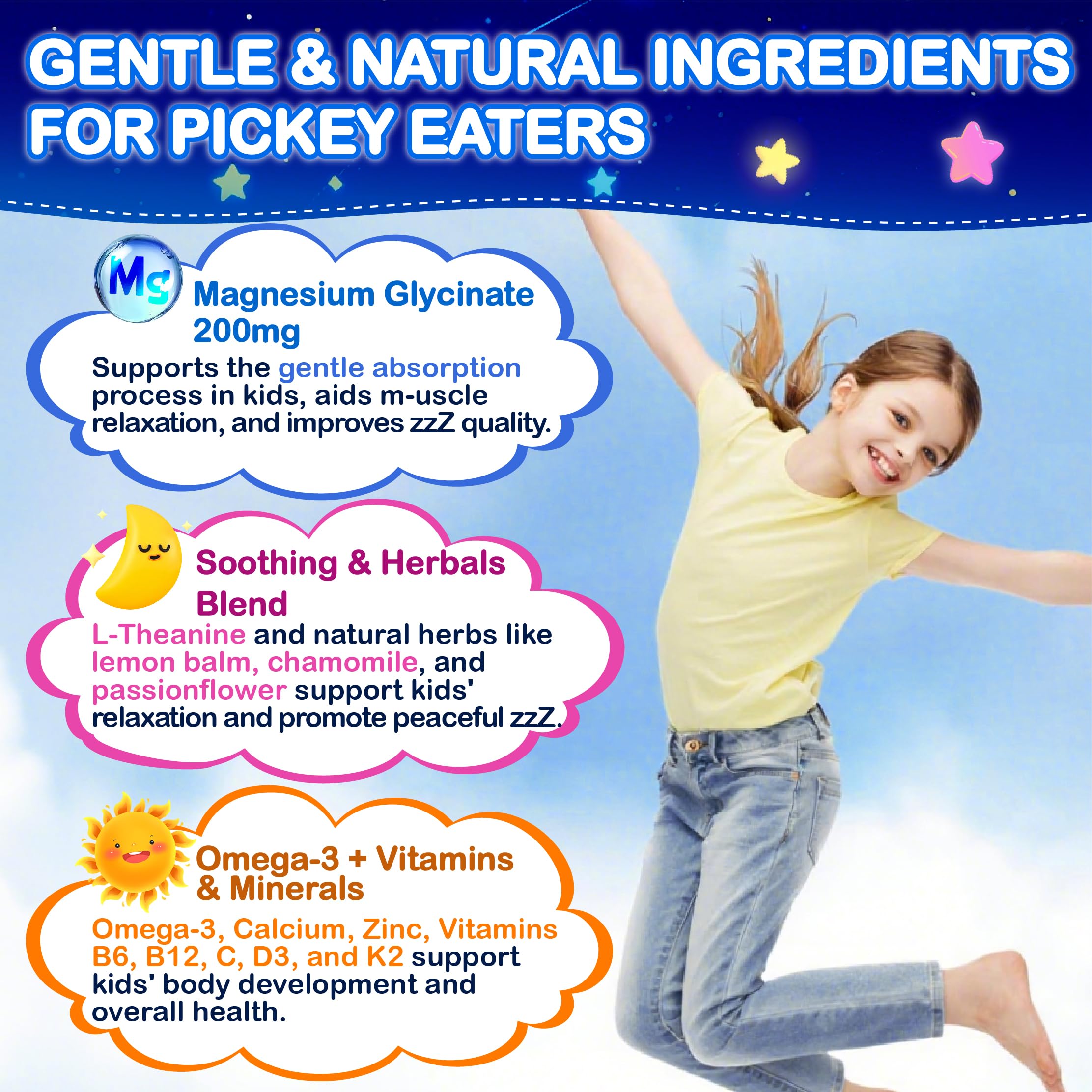 Edmmyliy Kids Magnesium Glycinate Gummies packaging highlights sugar-free vegan Non-GMO.