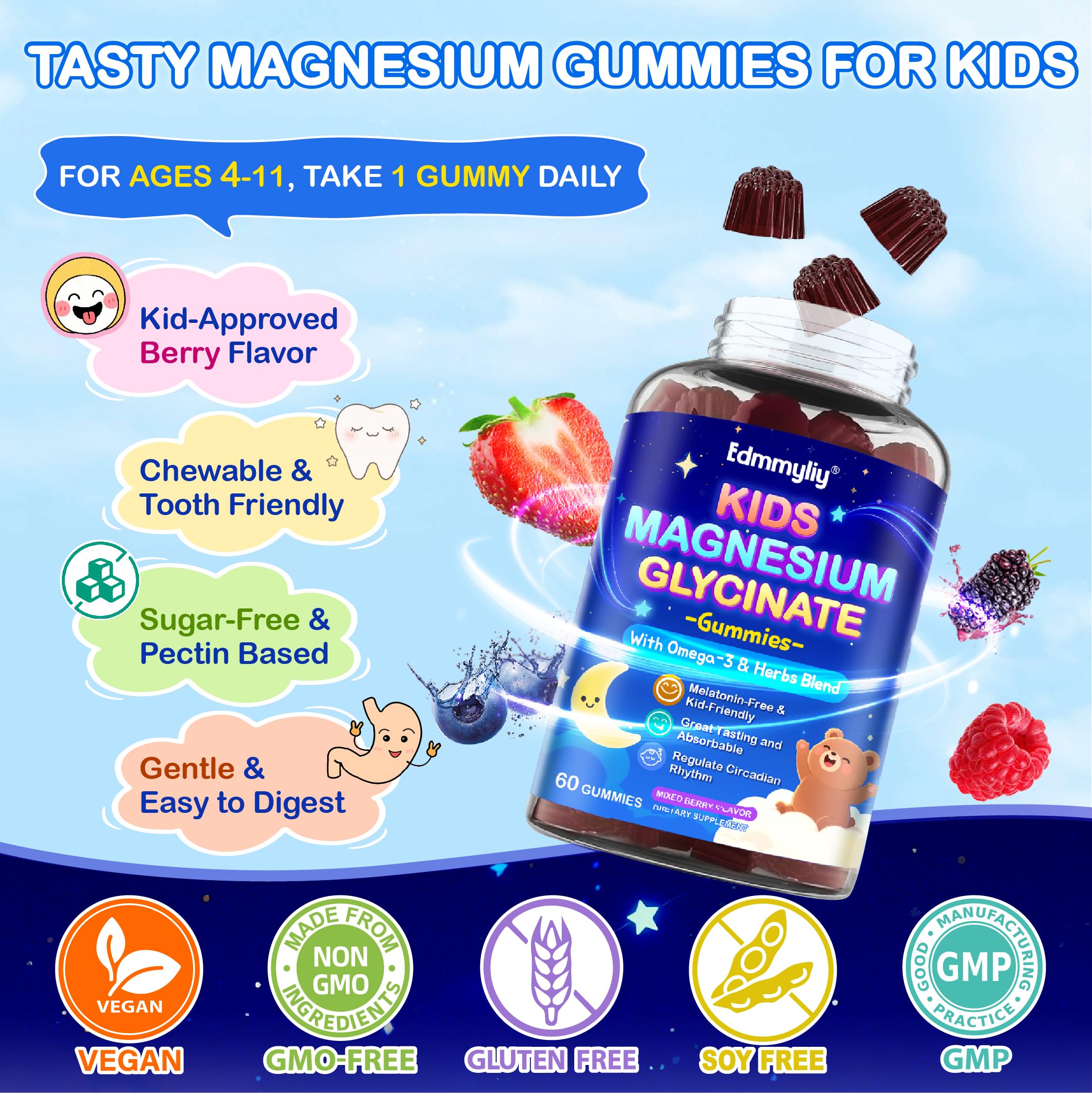 Edmmyliy Kids Magnesium Glycinate Gummies travel-pack ideal for on-the-go.