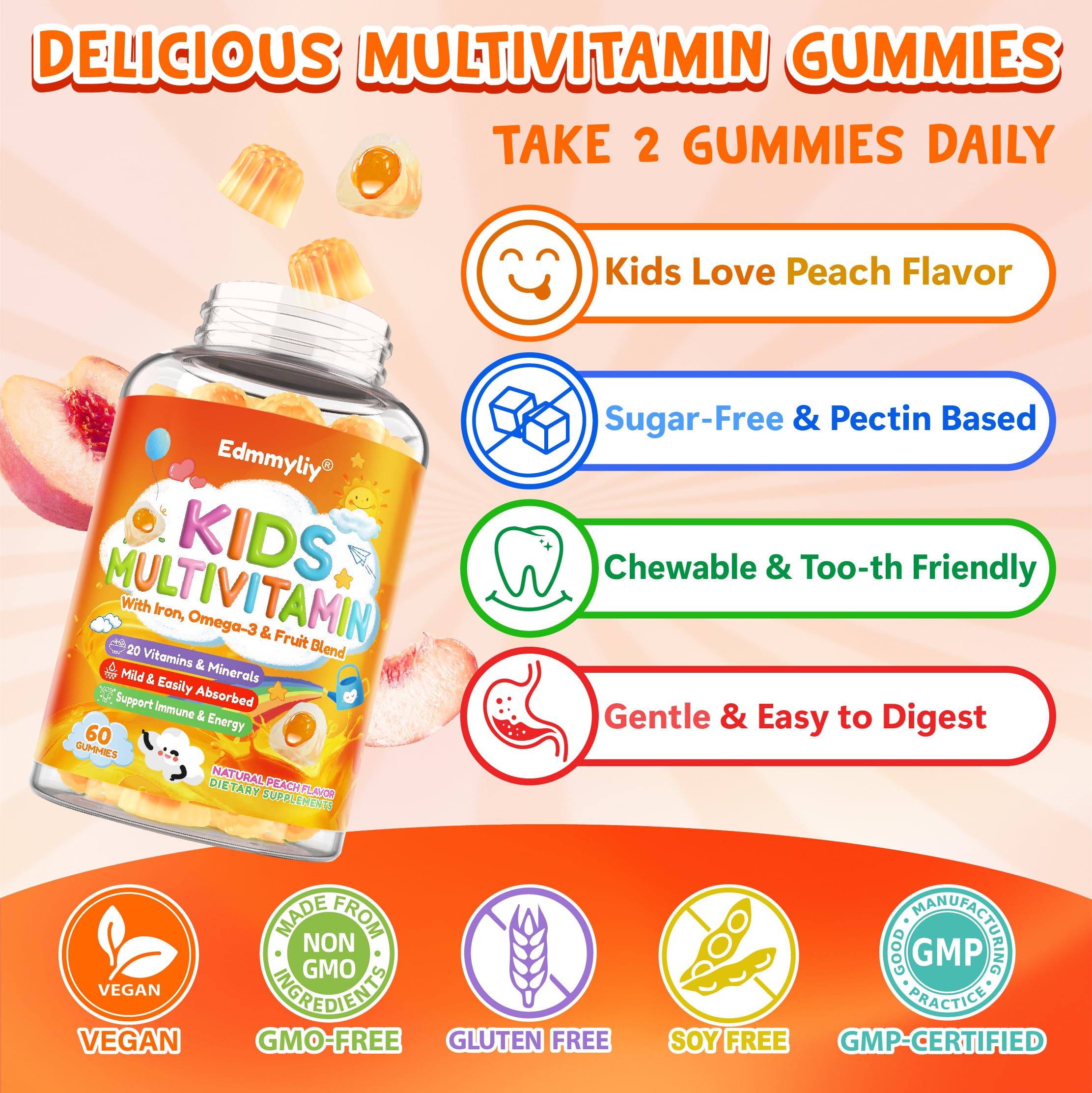 Edmmyliy Kids Multivitamin Gummies chewy texture supports hassle-free daily use
