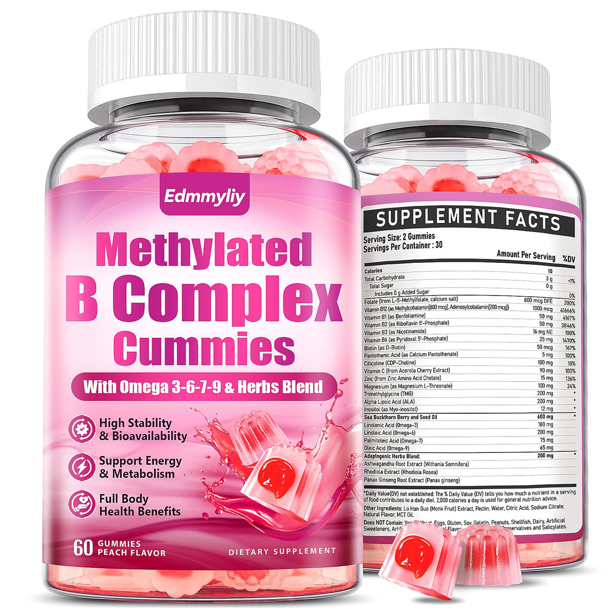 Edmmyliy methylated B complex gummies in a bottle for daily energy support.