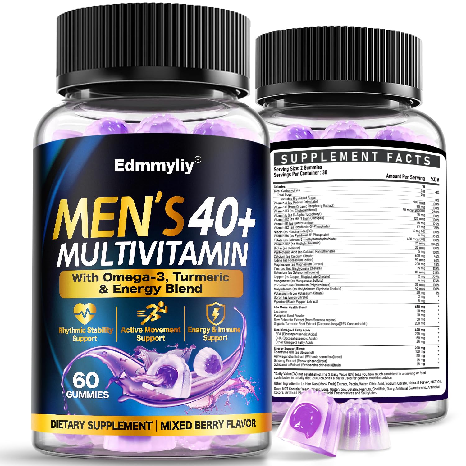 Edmmyliy multivitamin gummies for men 40+ bottle promotes daily energy and wellness.