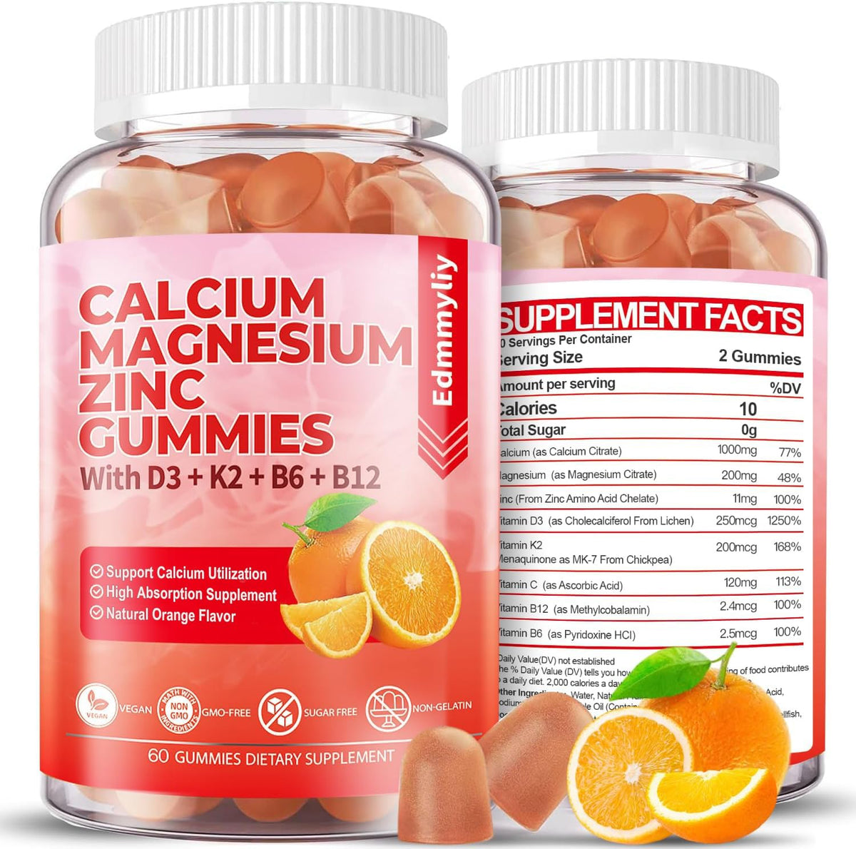 Edmmyliy bottle label for sugar-free calcium magnesium zinc with immune-support ingredients.