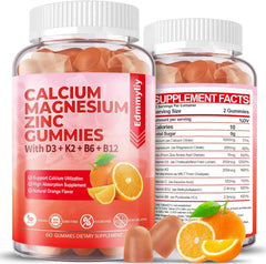 Edmmyliy bottle label for sugar-free calcium magnesium zinc with immune-support ingredients.
