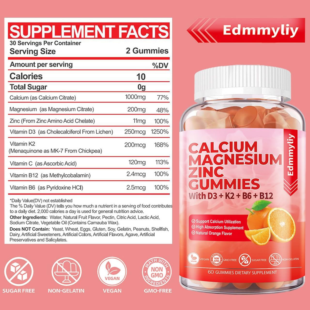 Edmmyliy gummies orange calcium magnesium zinc for easy daily supplement.