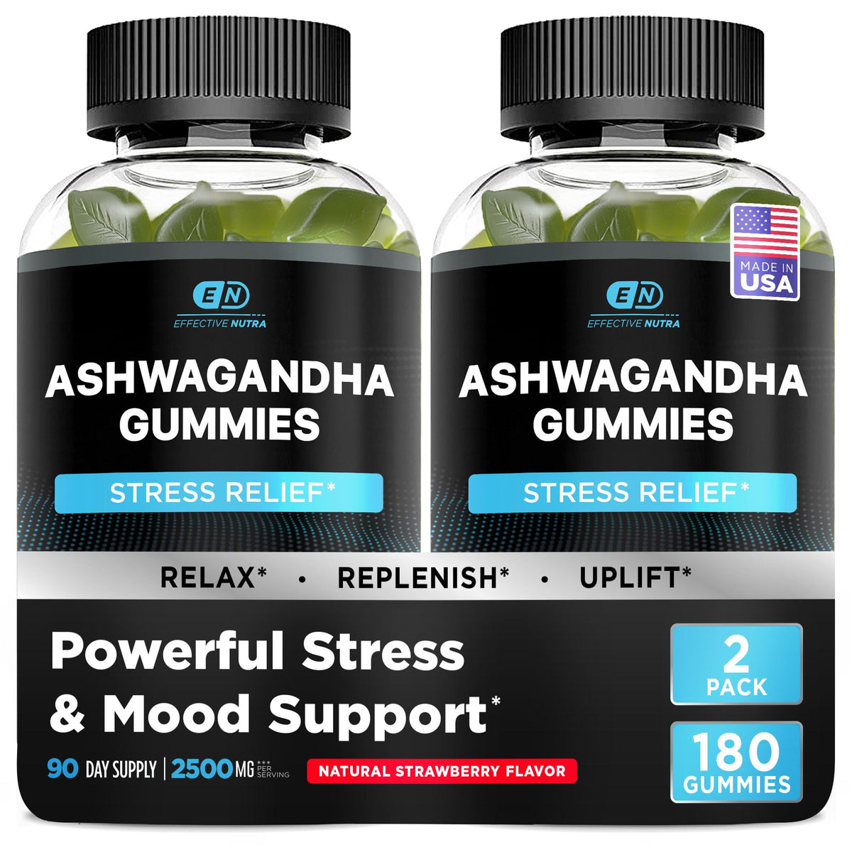 Effective Nutra Ashwagandha Gummies bottle showing 1500 mg per serving for relaxation support.