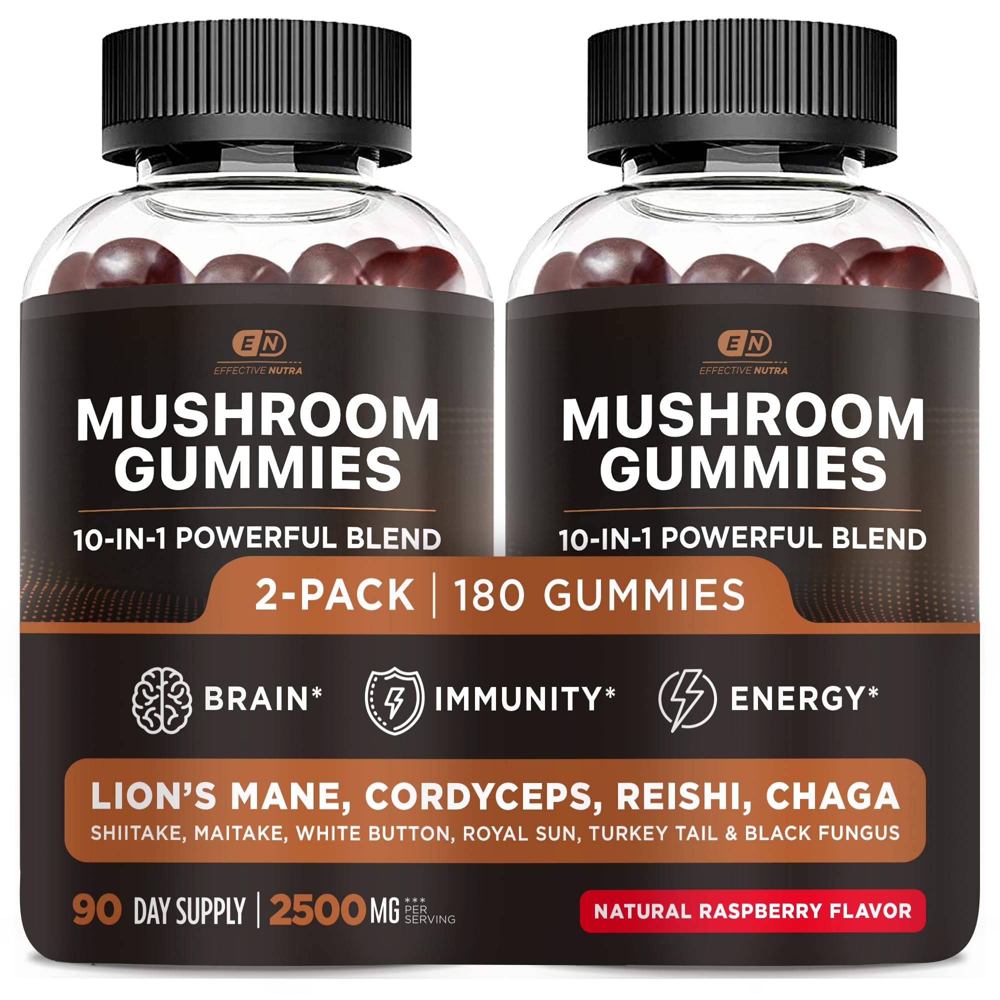 Effective Nutra Mushroom Gummies bottle-front highlighting raspberry-flavored brain-support formula.