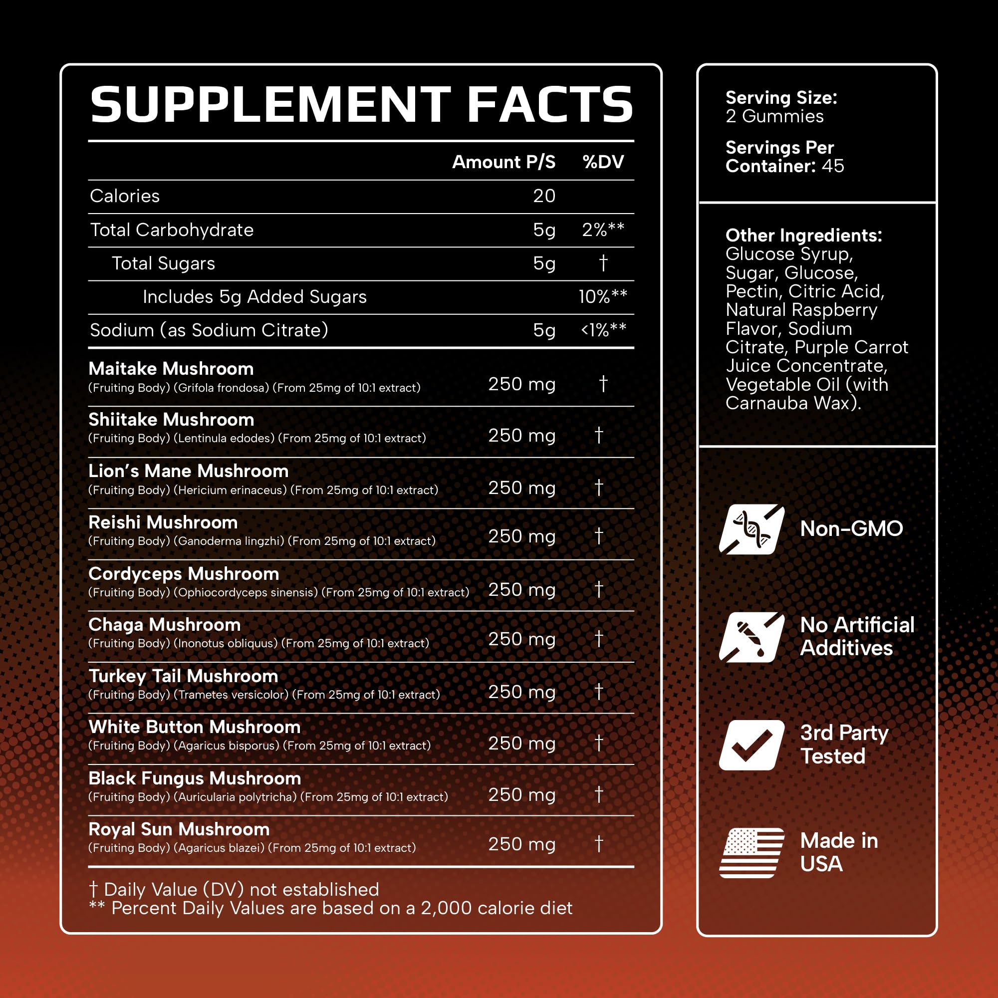 Effective Nutra Mushroom Gummies vegan label indicating plant-based, gluten-free ingredients.