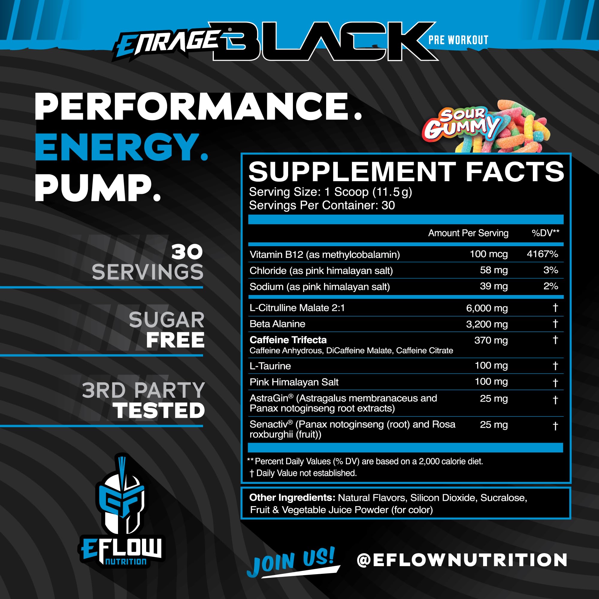 eFlow Nutrition Enrage Black bottle back label detailing ingredients and dosage