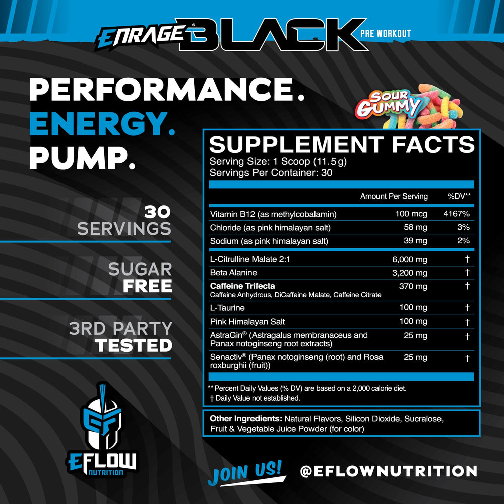 eFlow Nutrition Enrage Black bottle back label detailing ingredients and dosage