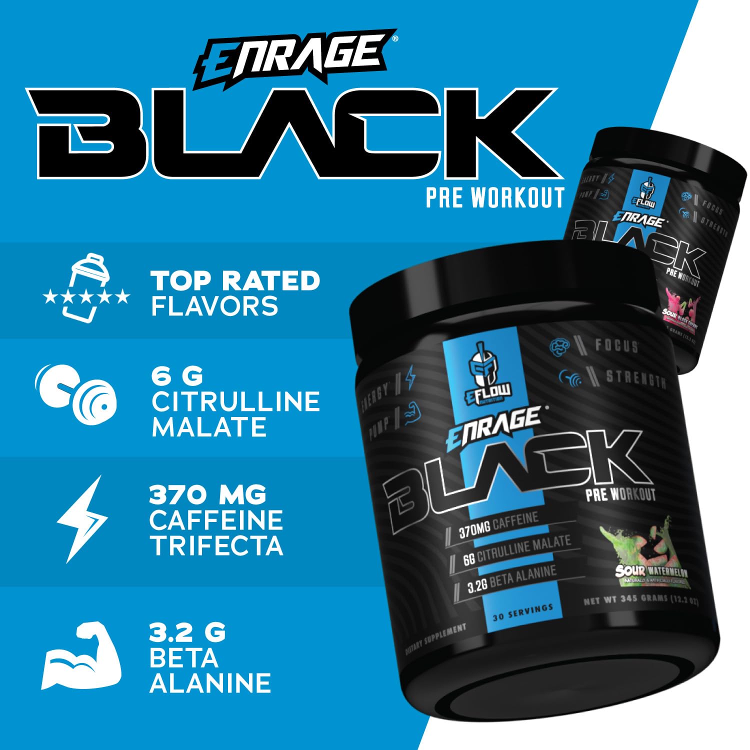 eFlow Nutrition Enrage tub with scoop showing powder for quick mix