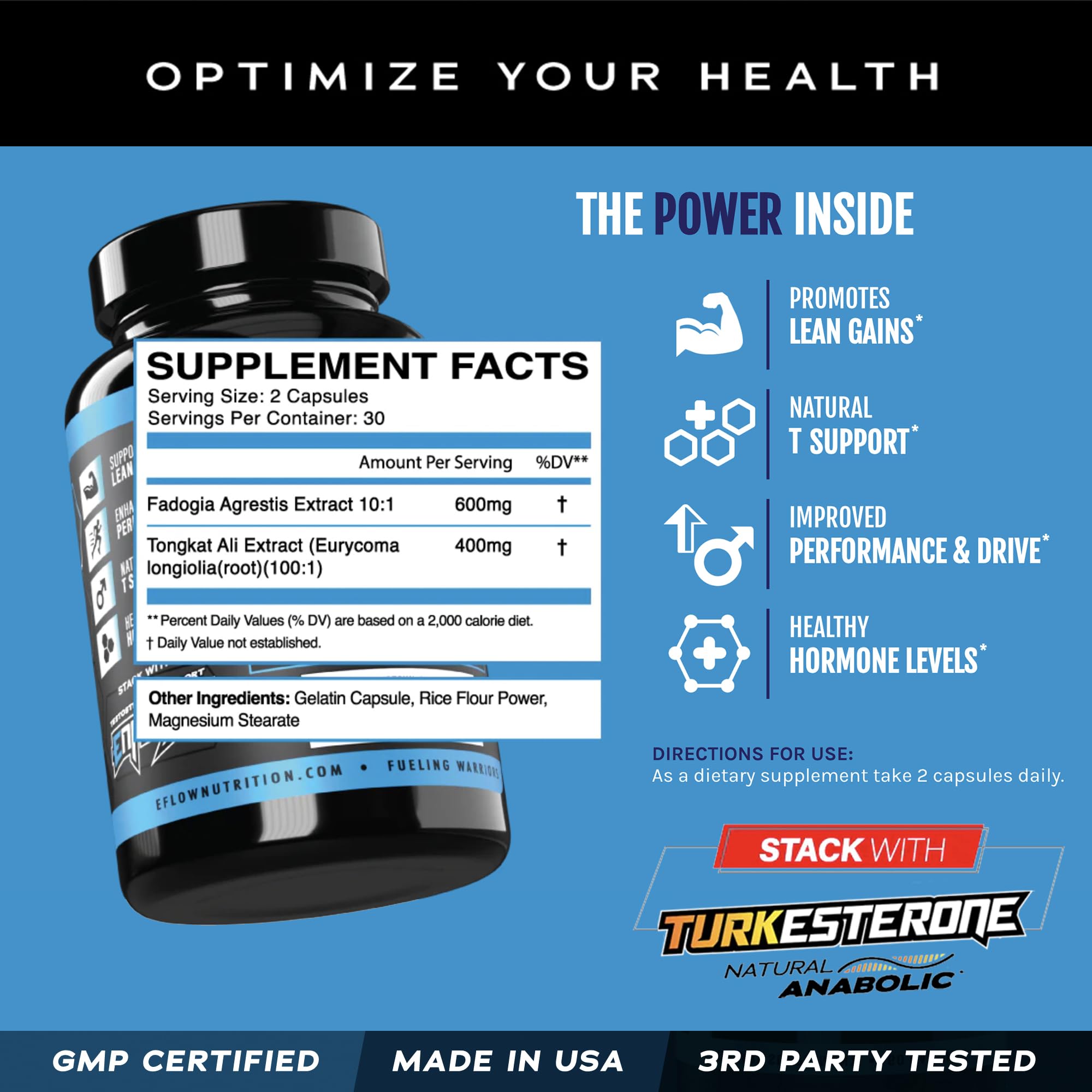 eFlow Nutrition herbal ingredients Fadogia Agrestis and Tongkat Ali in capsule form