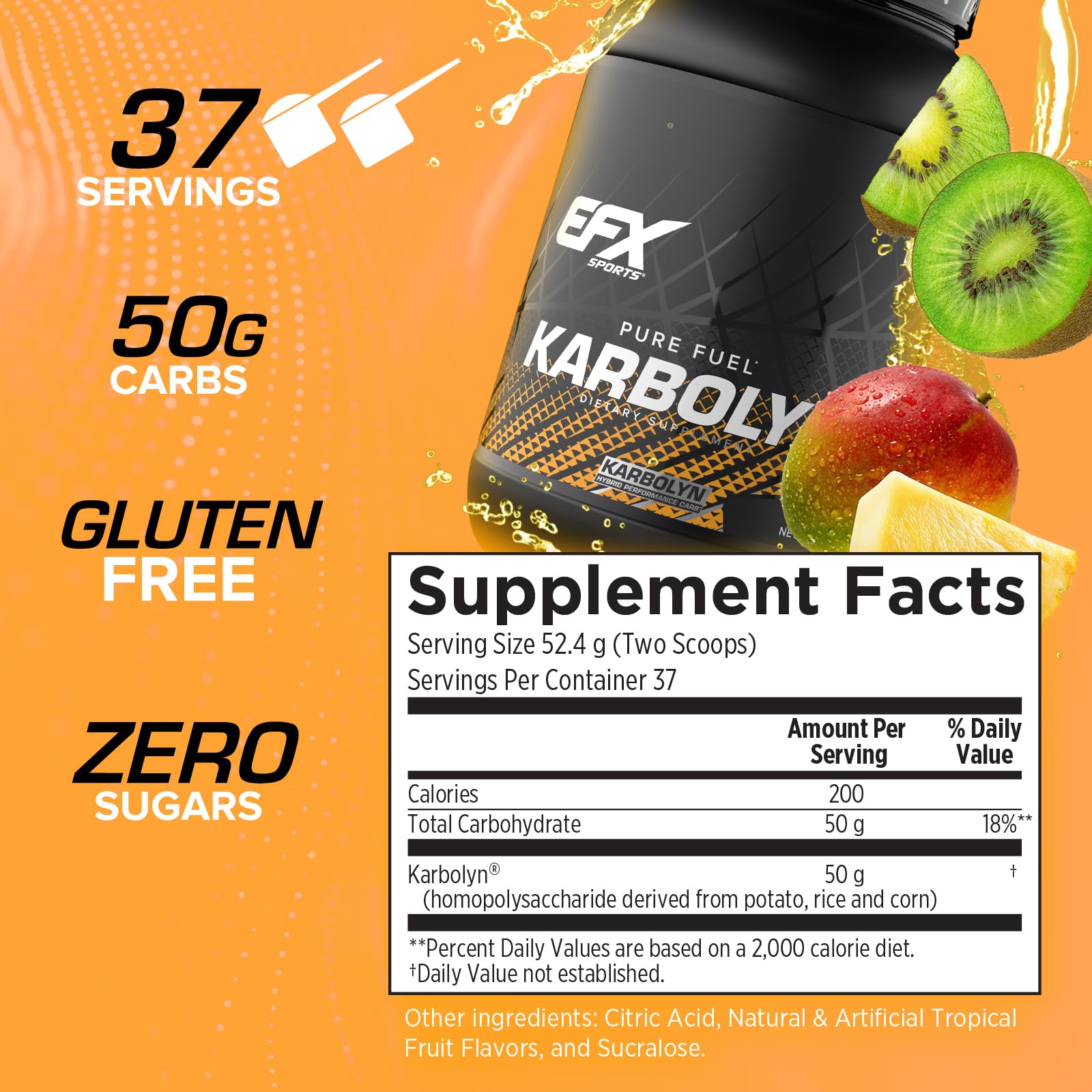 EFX Karbolyn Fuel label close-up indicates sugar-free and stimulant-free formulation