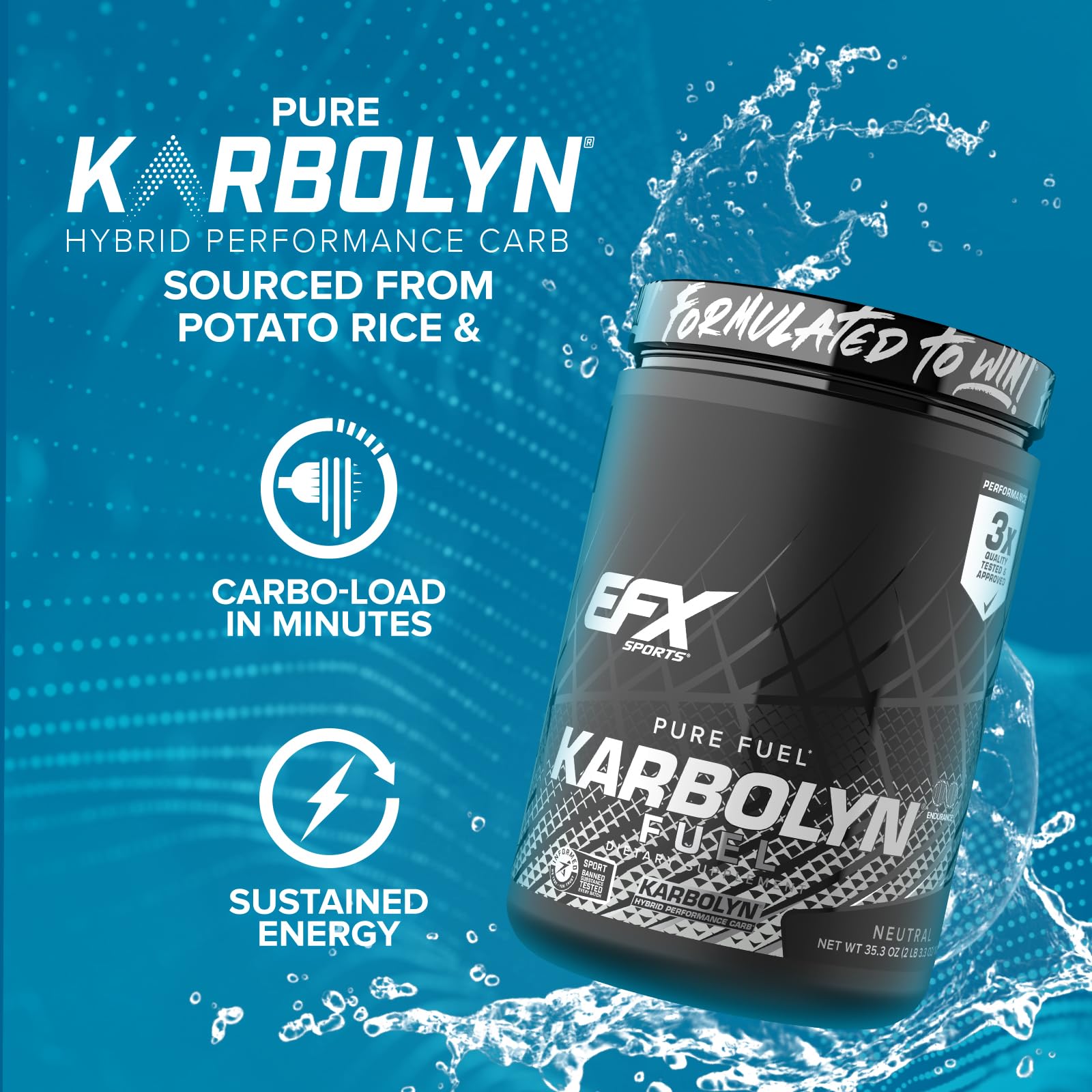 EFX Karbolyn Fuel label closeup confirms sugar-free, stimulant-free ingredients for clean energy.