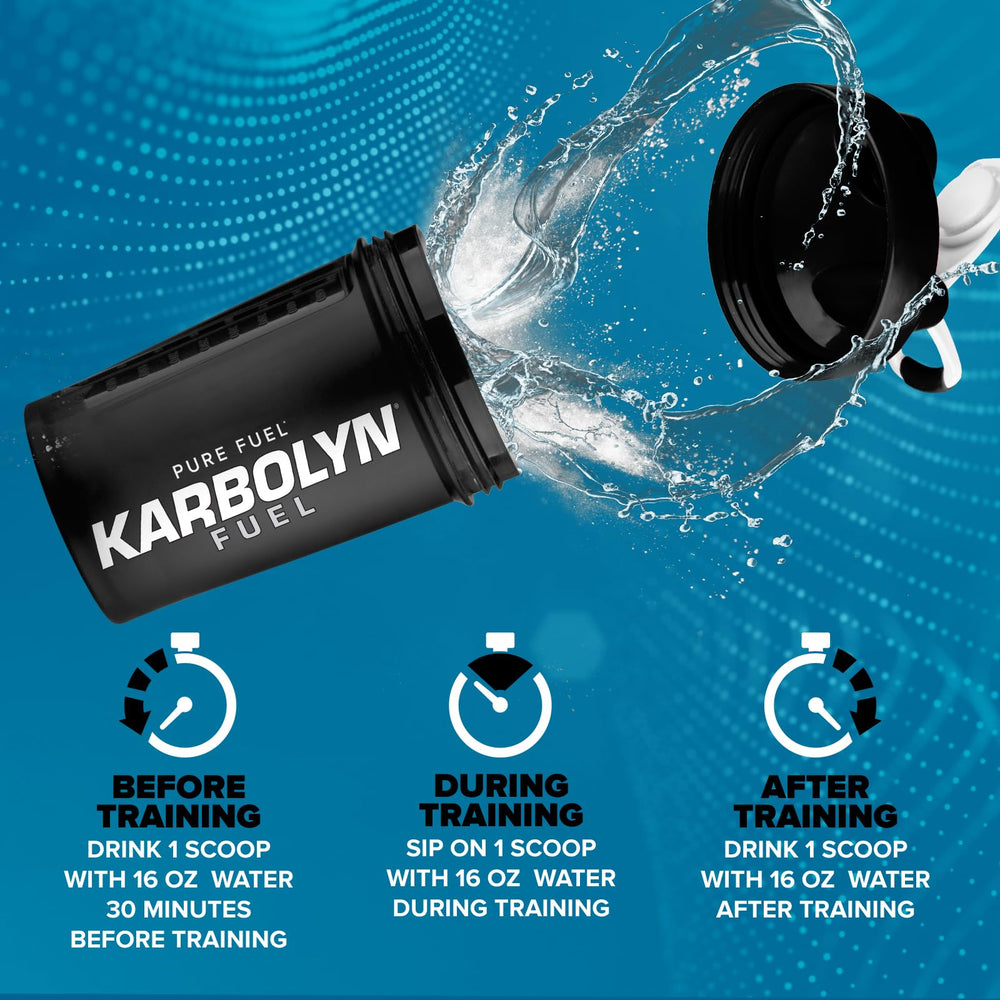 EFX Karbolyn Fuel shaker mix shows dissolving powder in water for on-the-go fueling.