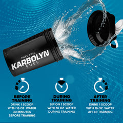 EFX Karbolyn Fuel shaker mix shows dissolving powder in water for on-the-go fueling.